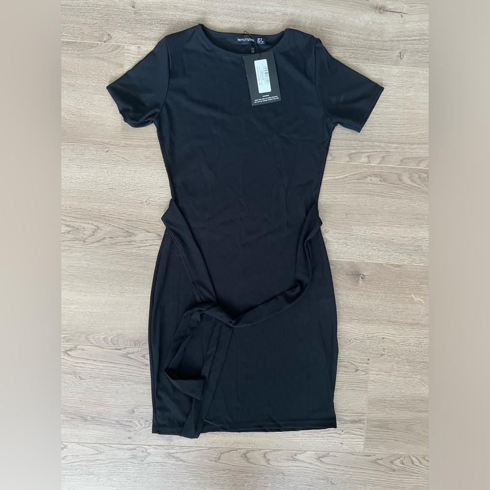 PrettyLittleThing Black Rib Tie Waist Dress US 2